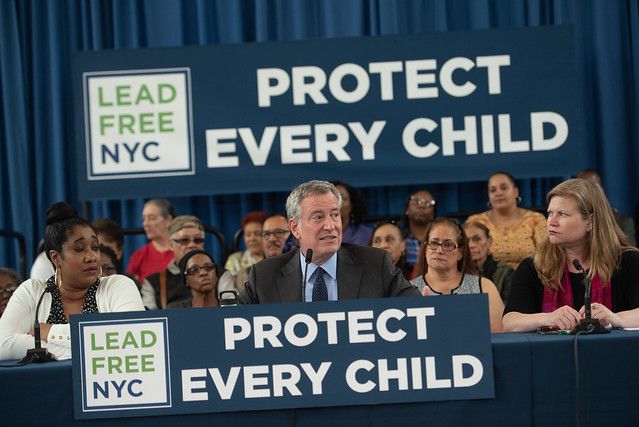 Mayor Bill de Blasio announces lead-based paint testing at 135,000 NYCHA apartments during a press conference at the Williamsburg Community Center in Brooklyn on Monday, April 15, 2019.